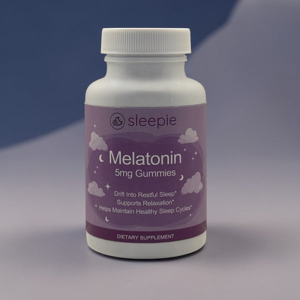 Bottle of Steepie Melatonin gummies on a gradient blue and gray background